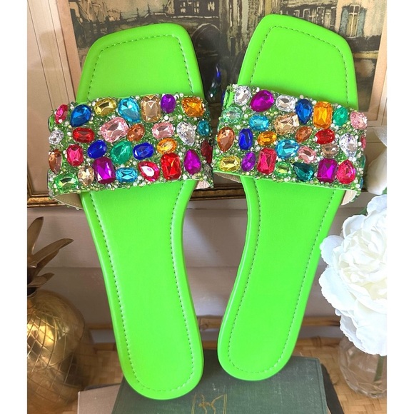 Shoes - Lime Green Rhinestone Slide on Sandals